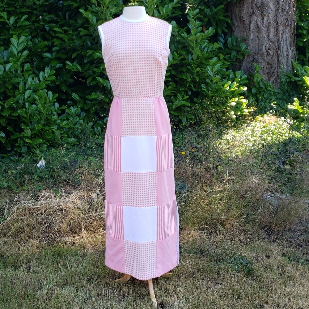 Vintage 60's Kay Windsor Maxi Gingam Striped Sleeveless Pink White Dress 6/8